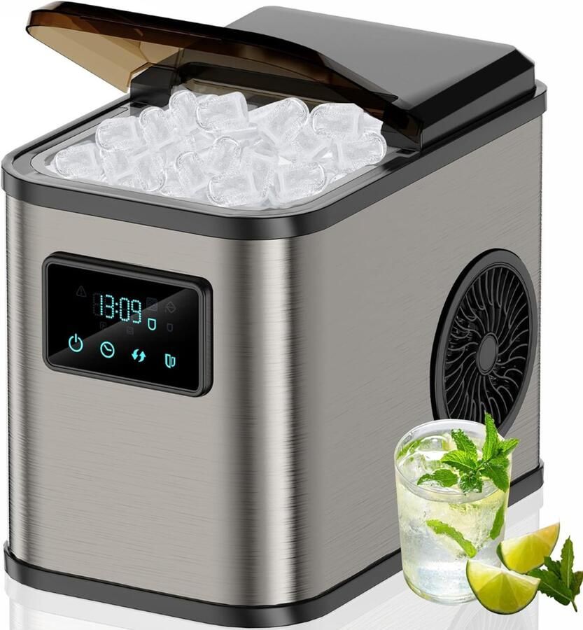 QUOVO Krachtige IJsblokjesmachine – 2 Afmetingen – Zelfreinigende IJsmachine – IJsblokjesmachine Crushed Ice Machine – Crushed Ice Maker in Enkele Minuten – 2L – LED-Scherm Zilver 41cm x 28cm x 36cm