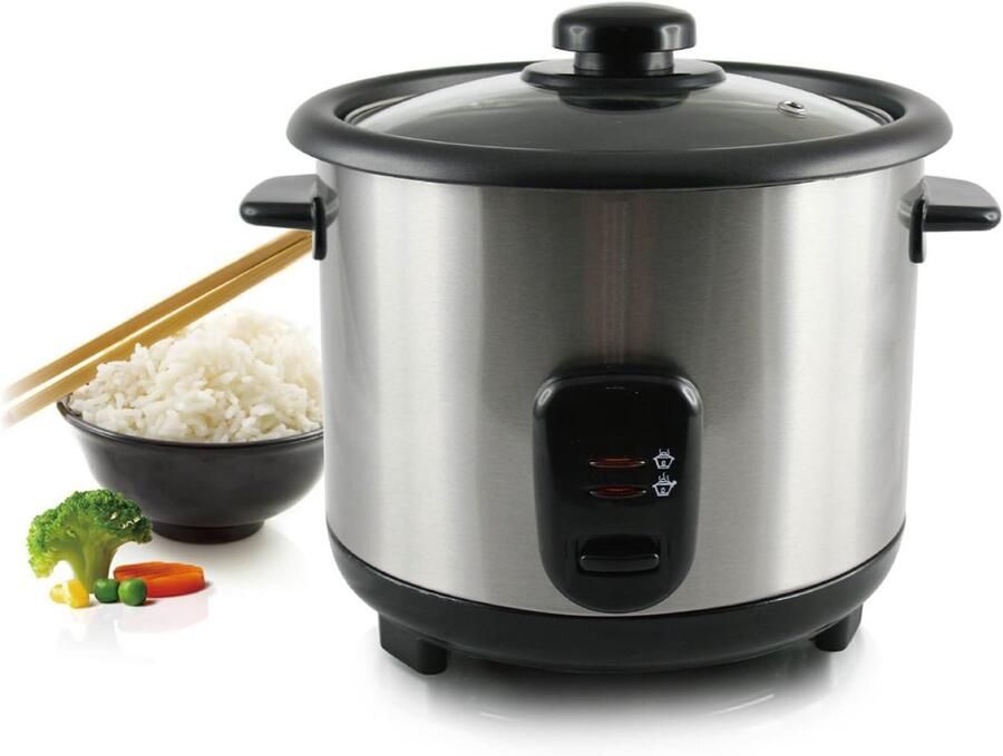 QUOVO Rijstkoker Klein Rijstkoker Met Stomer – Rijstkokers Stoomkoker Met Warmhoudfunctie – Stoompan Incl. Rijstlepel + Maatbeker En Beschermkoker Zilver 26cm x 26cm x 25cm