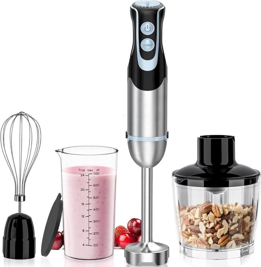 QUOVO Staafmixer Set – 4-in-1 Staafmixerset Met 12 Snelheden en Turbofunctie – Hakmolen Inclusief Maatbeker Hakbeker en Mengopzetstuk – 1000W Zilver 13cm x 11cm x 15cm