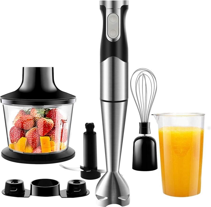 QUOVO Staafmixer Set – 4-in-1 Staafmixerset Met 2 Snelheden en Turbofunctie – Hakmolen Inclusief Maatbeker en opbergrek– 1200W Zilver 25cm x 23cm x 14cm