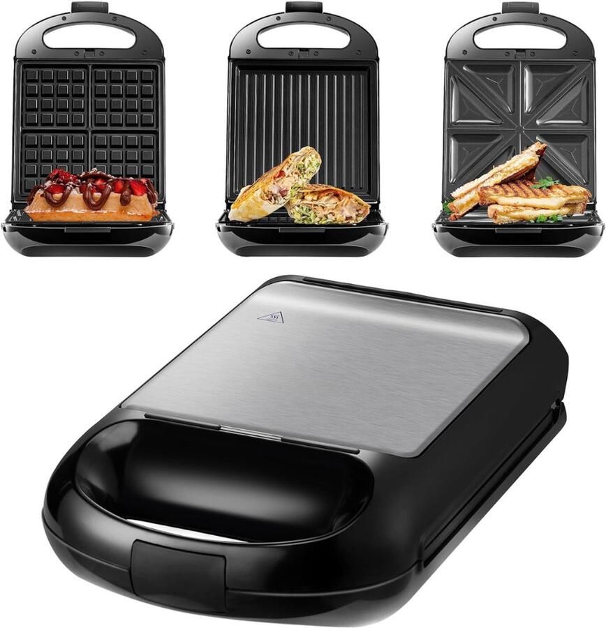 QUOVO Wafelijzer Met Verwisselbare Platen – Tosti Apparaat – Wafelmaker 1200 Watt – Panini Grill – Contactgrill – 3-in-1 Sandwich Maker XXL – Grill Apparaat Met 3 Antiaanbakplaten Zwart 35cm x 24cm x 10cm