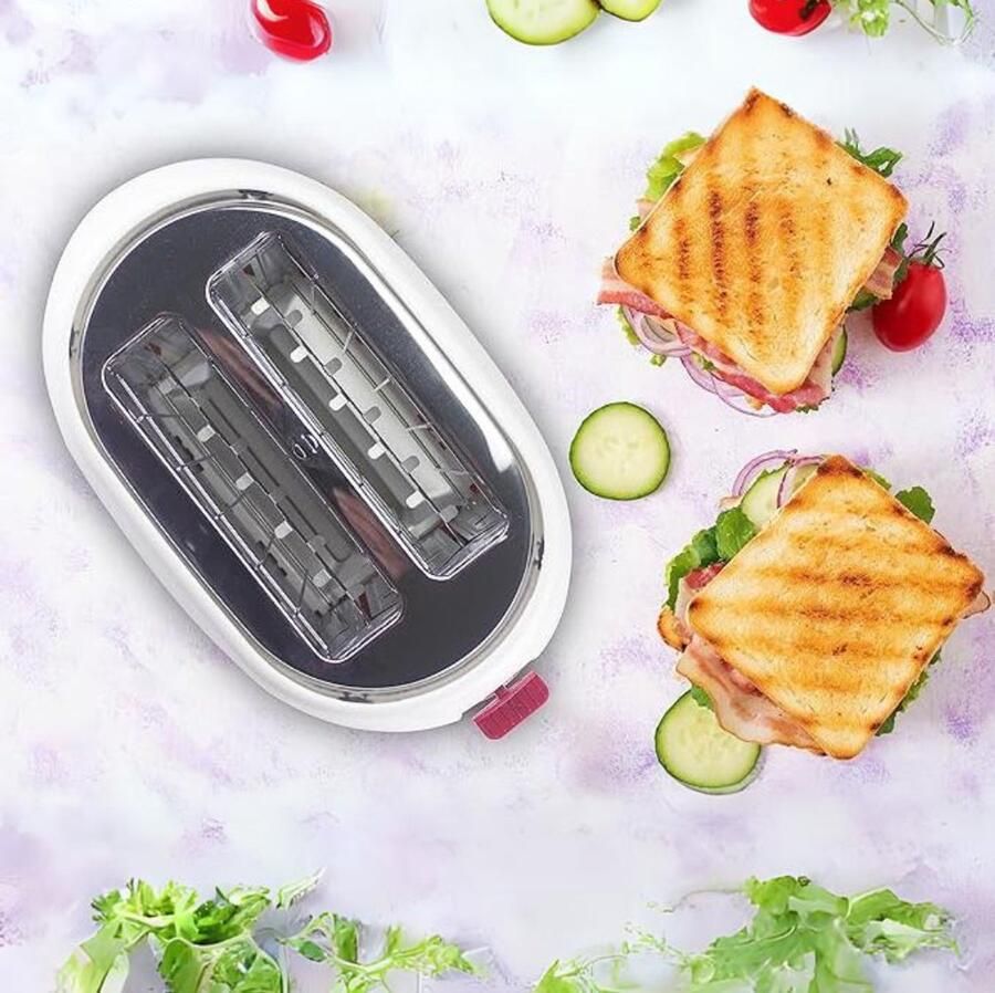 Quvo Broodrooster Met Tostiklemmen Toaster Met Kruimellade 750W Tosti Apparaat & Tosti Ijzer Alternatief 7 Standen Wit Rood 17cm x 30cmx 26cm