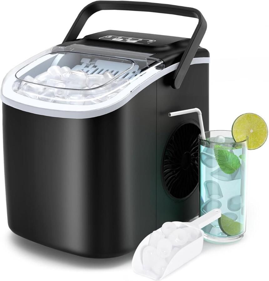 Quvo Krachtige IJsblokjesmachine – 2 Afmetingen – Zelfreinigende IJsmachine – IJsblokjesmachine Crushed Ice Machine – Crushed Ice Maker in Enkele Minuten – 1.2L Zwart 29cm x 22cm x 29cm