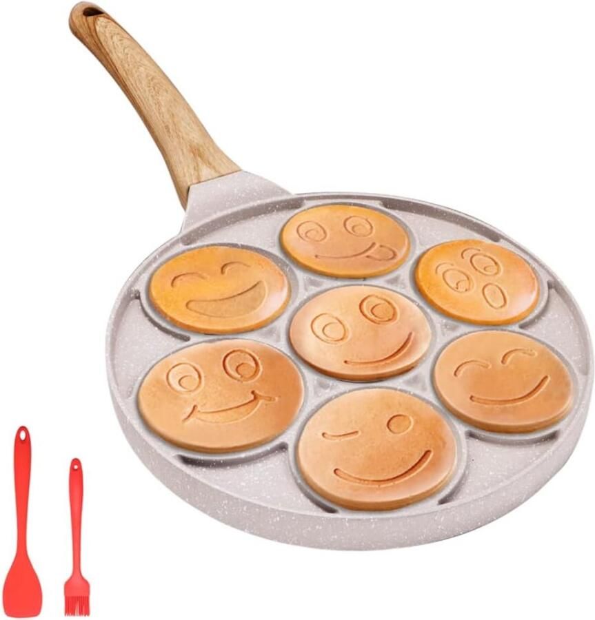 Quvo Poffertjespan Gietijzeren pan Voor inductie electrisch Poffertjes maken Met Anti Aanbaklaag – Pannenkoekenmaker – 7 Gaten – Met Smiley Gezichten-Wit