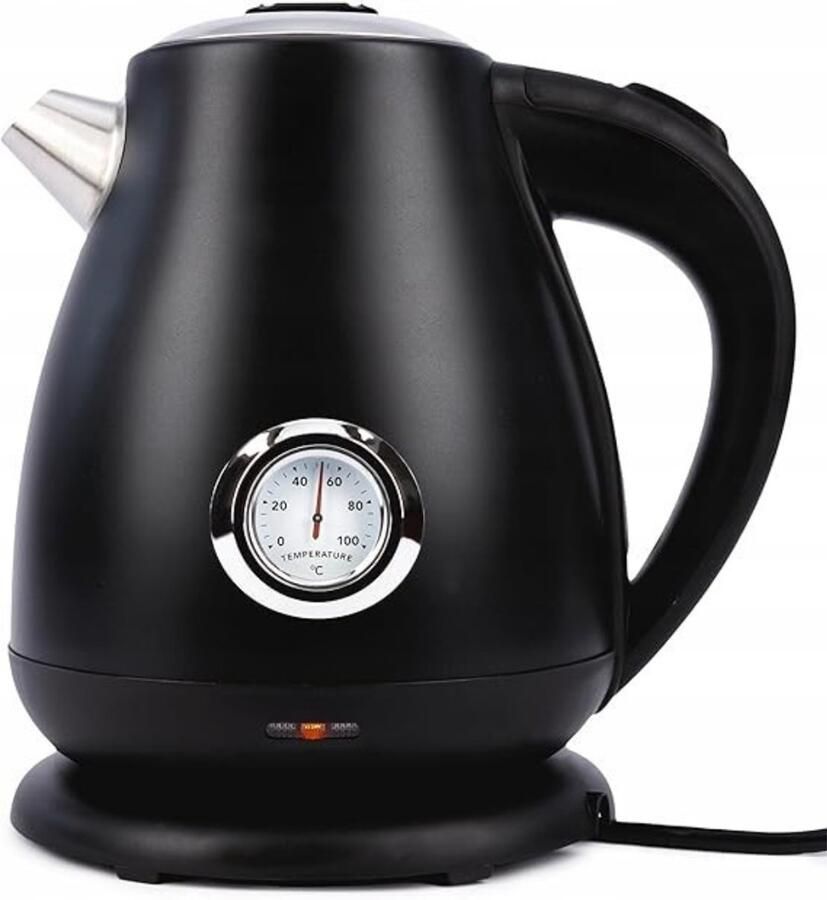 Quvo Waterkoker Retro Vintage Waterkoker Elektrische Waterkoker 1.7 Liter Inhoud Roestvrij Staal Zwart 22cm x 17cm x 23cm