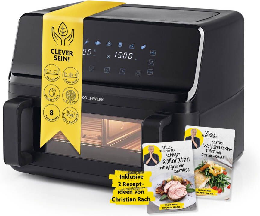 Rachs KOCHWERK Vario-dubbelkamer heteluchtfriteuse 9 L Airfryer met splitsbare kamer touchscreen & 8 programma s Vetarm frituren zonder olie 2700 W Smart-Cook functie