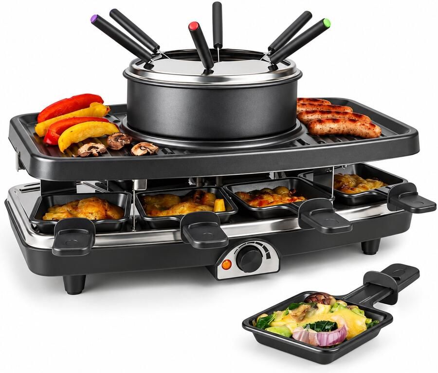 Raclette Grill met Fondue 3-in-1 voor 8 Personen 1100W Natuurstenen Grillplaat 8 Antiaanbakpannetjes 6 Fonduevorken Regelbare Thermostaat Elektrisch