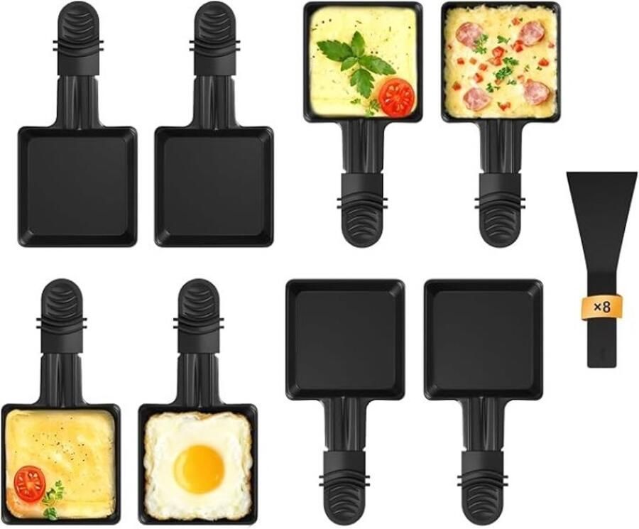 Raclette Pannetjes Set van 8 met Antiaanbaklaag en 8 Nylon Spatels
