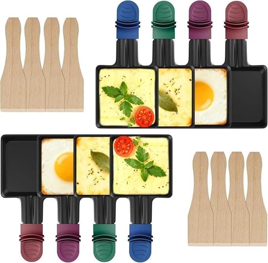 Raclette Pannetjes Set van 8 Vierkante Mini Grillpannen met Anti-Aanbaklaag en Houten Spatels