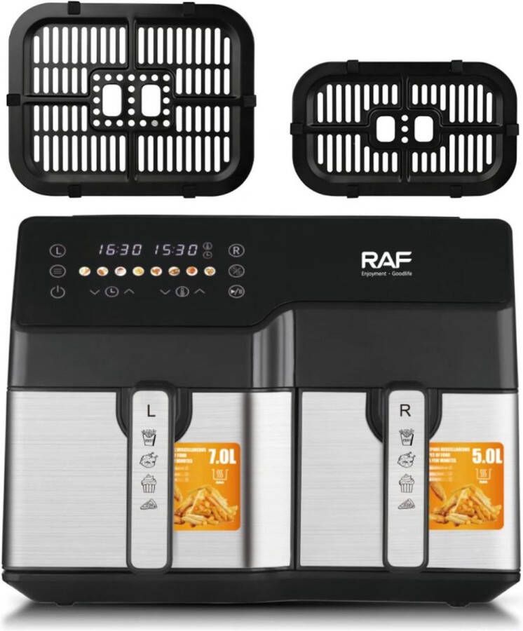 Raf Airfryer XXL Heteluchtfriteuse 7+5 Liter 10 voorgeprogrammeerde programma's Zwart 12 Liter Digital Touchscreen- Grillrack 1550W+1250W -DualZone