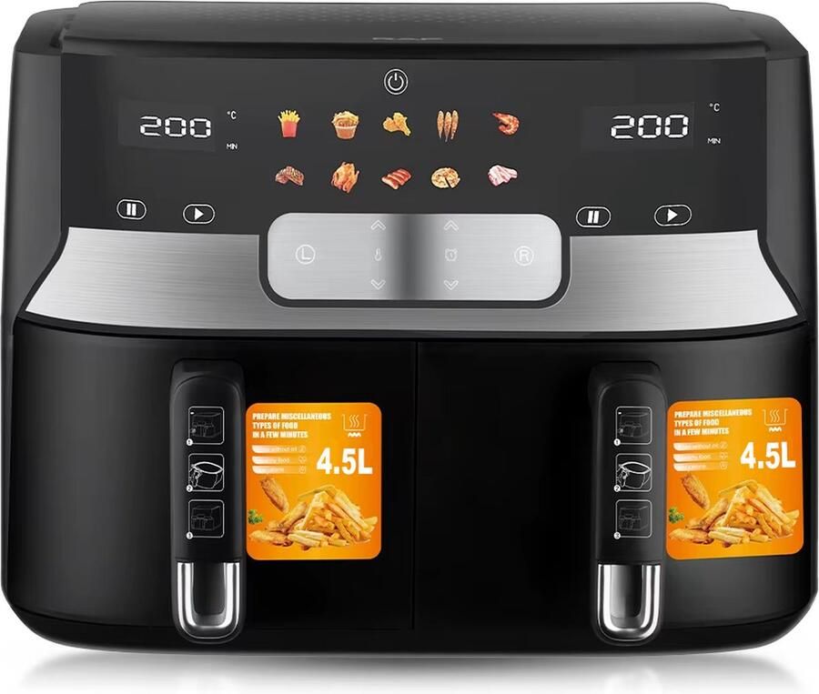 Raf Airfryer Dubbele XXL 4 5+4 5 Liter 10 voorgeprogrammeerde programma's 9 Liter DualZone