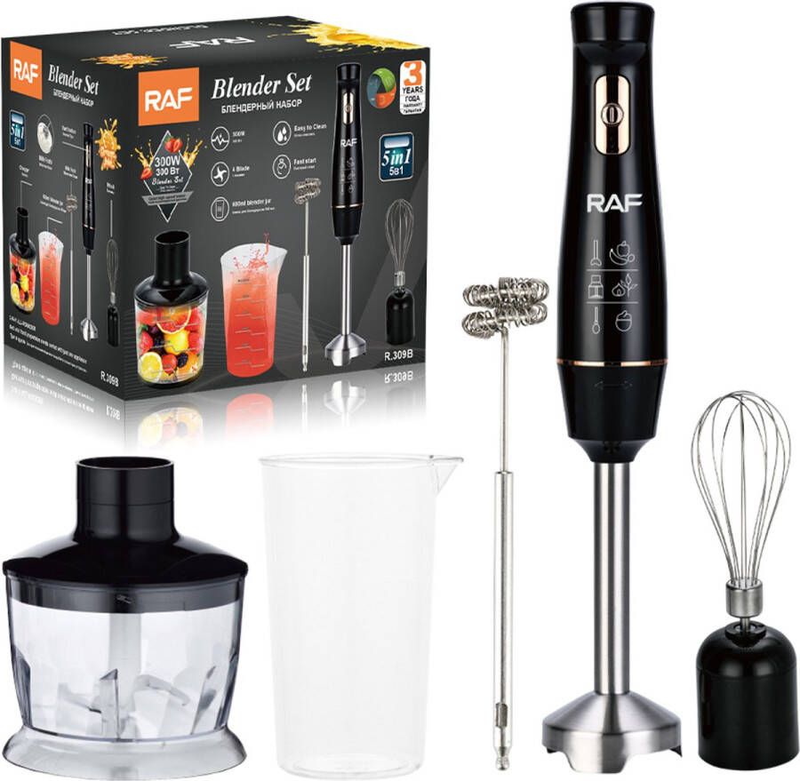 Raf Staafmixer Set 5-in-1 Hand Blender Elektrische Handmixer Klopper Staafmixer BPA-vrij Extreem Krachtig Hakmolen Garde Maatbeker Mengstaaf Ook voor IJsklontjes Complete Set