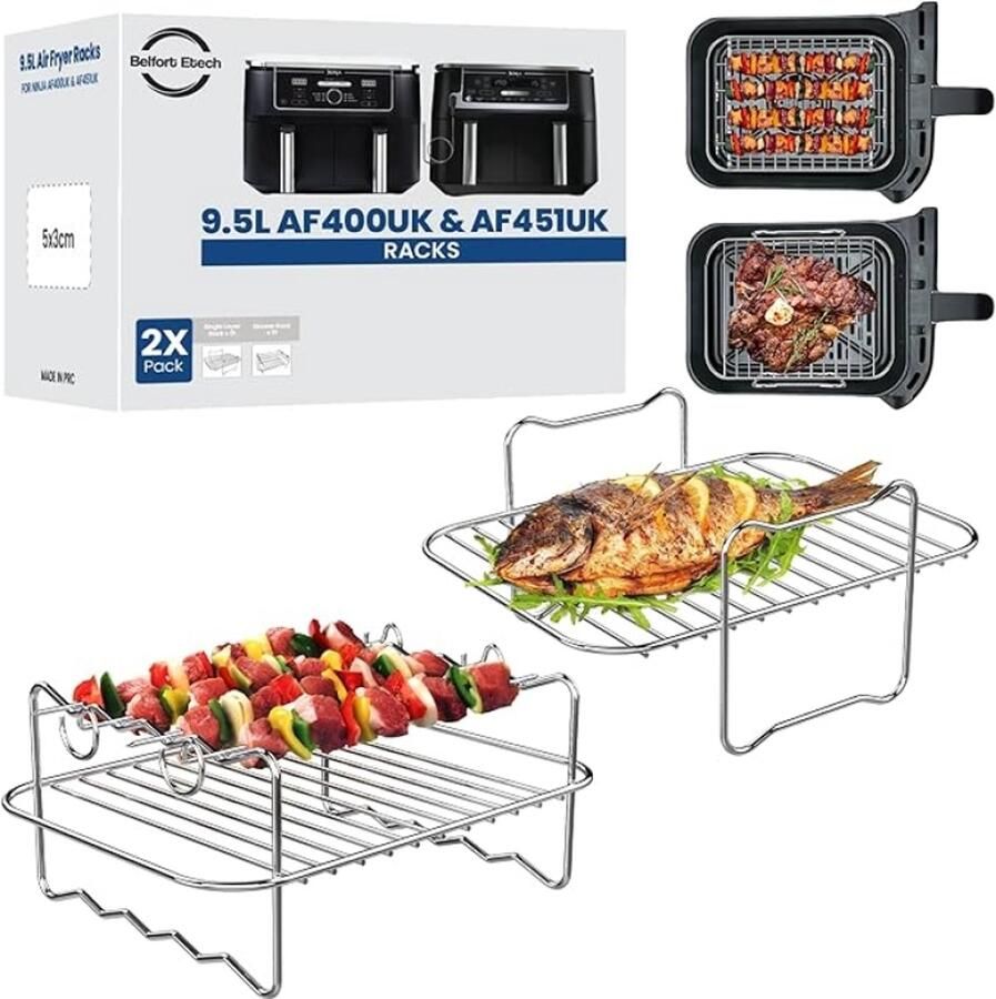 RALA 2 Stuks Siliconen Airfryer Bakjes voor Ninja Foodi Dual Zone 9 5L AF400EU & DZ400EU 2 5mm Extra Dik BPA-Vrij Inclusief 2 RVS Roosters