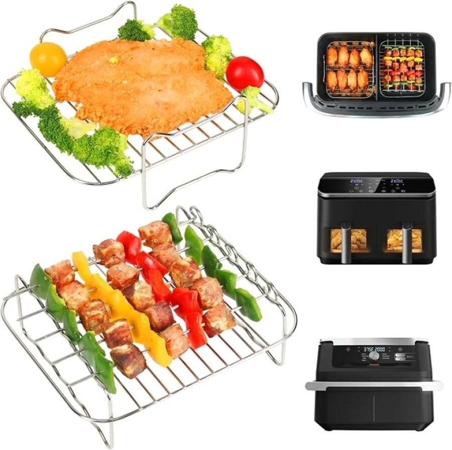 RALA Airfryerrek voor Ninja Foodi AF500UK Flexdrawer Dual Air Fryer 10 4L 2 Stuks met 5 Kebab Spiesjes 304 Roestvrijstalen Accessoires