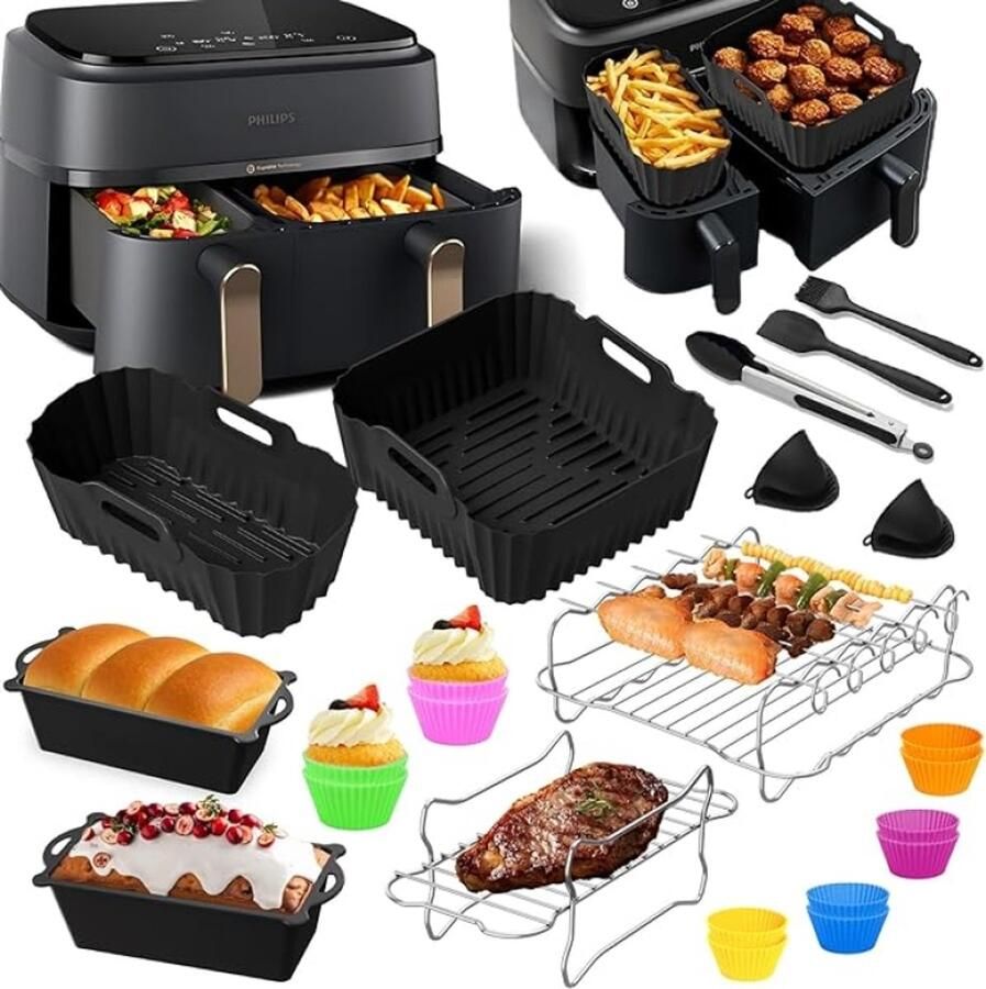 RALA Heteluchtfriteuse Accessoires voor Philips Dual Basket Airfryer 3000-serie 6L 3L 23 Stuks Siliconen Vorm Accessoireset met Grillrooster Cake- en Broodvorm