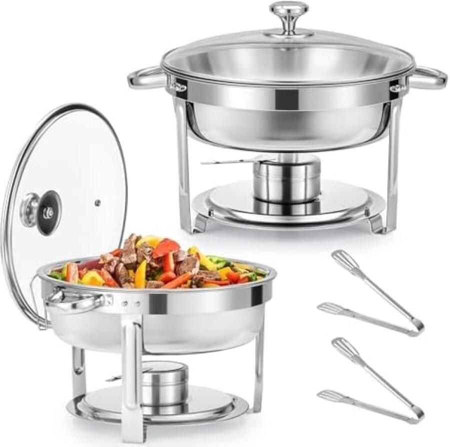 RALA Ronde Chafing Dish Set van 2 Stuks met Glazen Deksel 5 Liter RVS Voedselwarmer voor Buffetten en Feesten Inclusief Brandpasta Houder