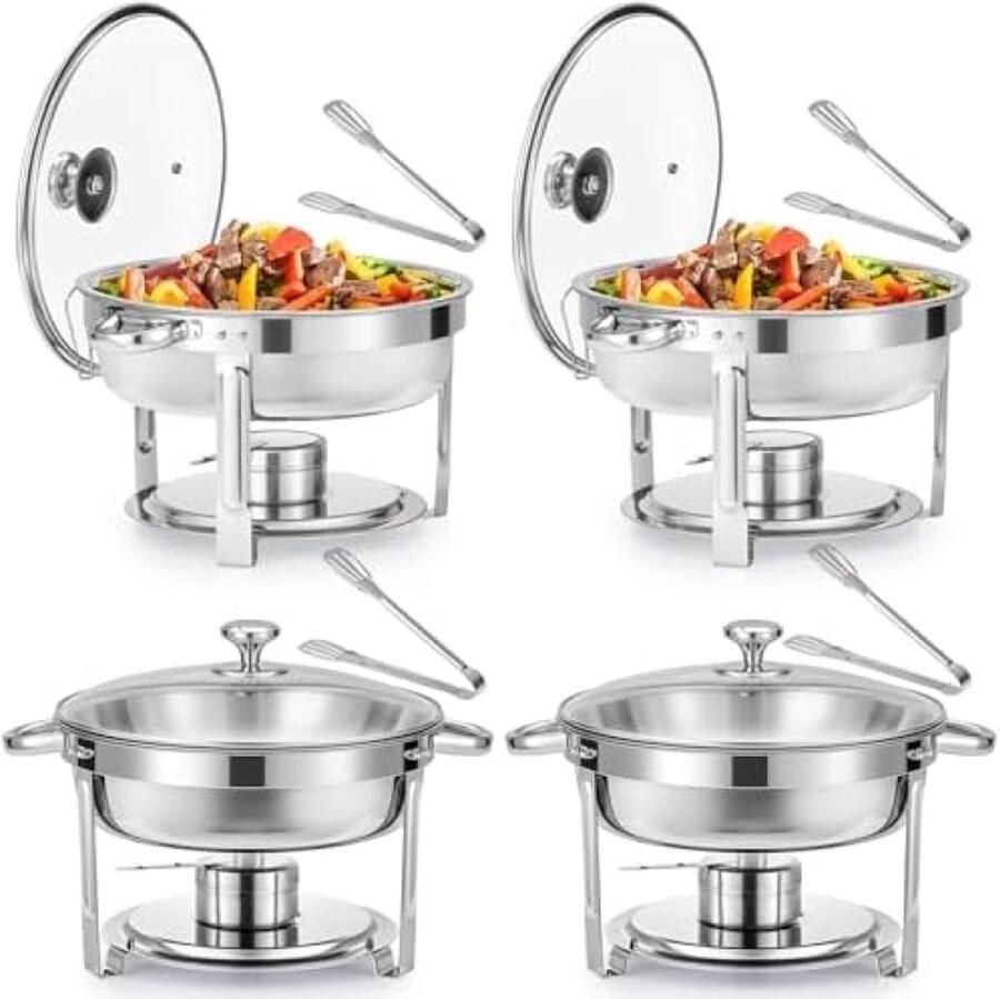 RALA Ronde Chafing Dish Set van 4 Stuks met Glazen Deksel 5 Liter RVS Voedselwarmer voor Buffetten en Feesten Bain Marie met Brandpasta Houder