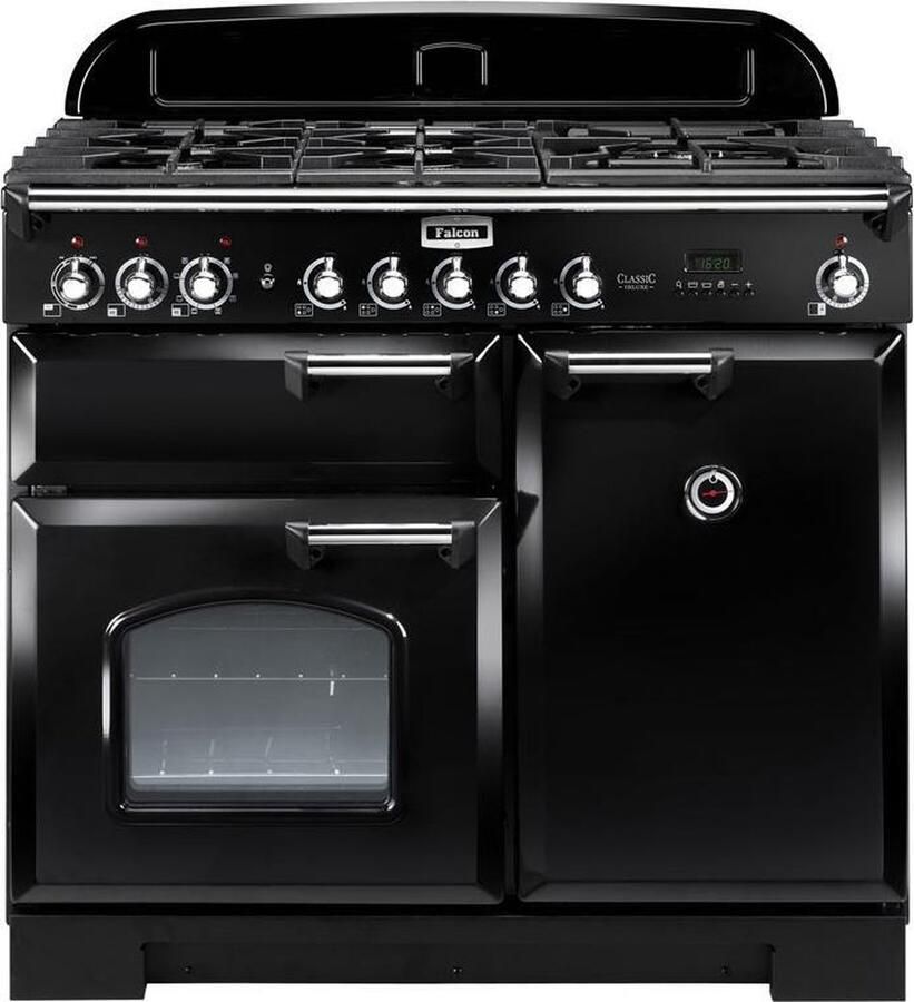 Rangemaster Falcon Classic Deluxe 100 Vrijstaand fornuis Zwart Chroom Gaskookplaat A
