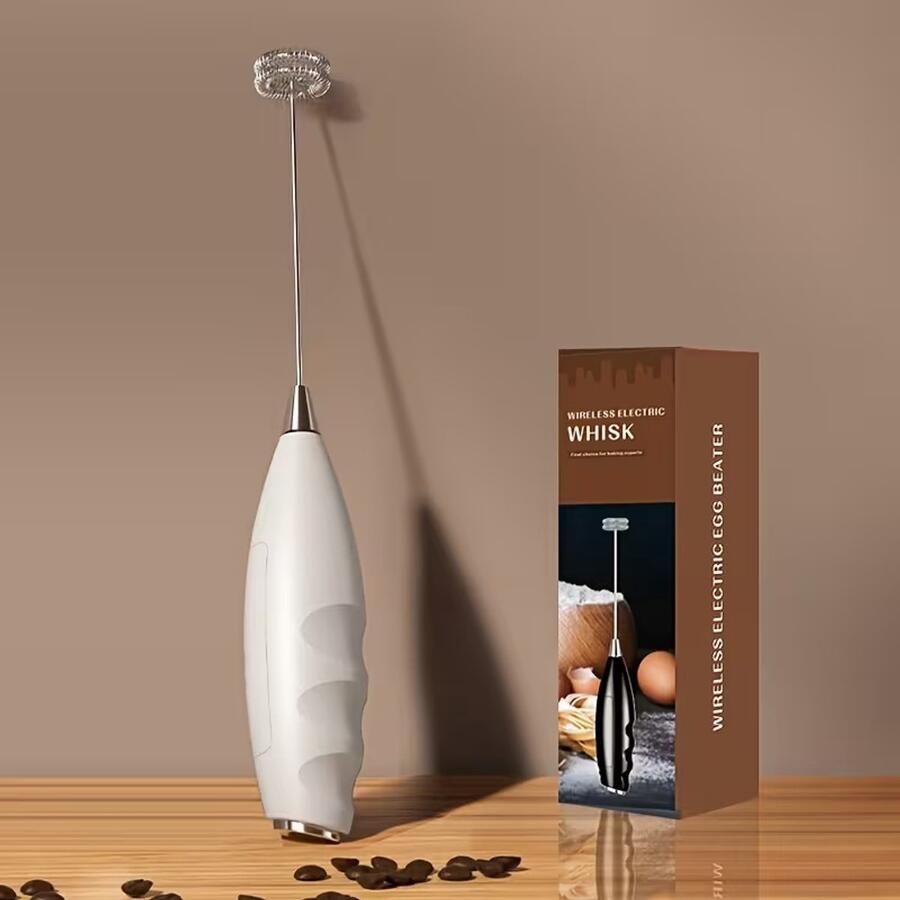 Rayofi Melkopschuimer en koffiemixer met één opzetstuk – snoerloze elektrische keukenmachine met roestvrijstalen opzetstuk voor het snel opschuimen van melk voor koffie thee en gebak werkt op AA-batterijen (2 batterijen niet inbegrepen) –Wit