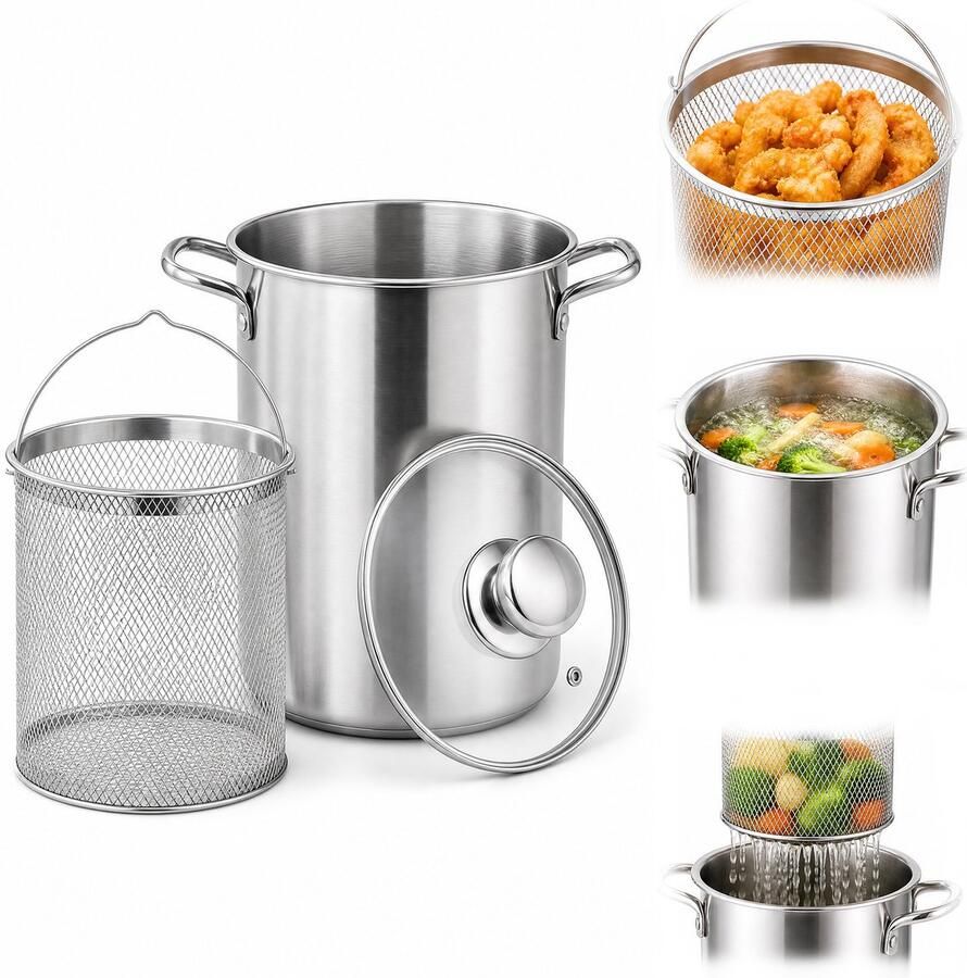Refined Living 304‑roestvrij‑staal‑frituurpan‑voor‑thuis‑keuken‑met‑zeef‑kleine‑frituurketel‑multifunctionele‑rechte‑twee‑oren‑frituurpan‑zonder‑coating‑kookpan