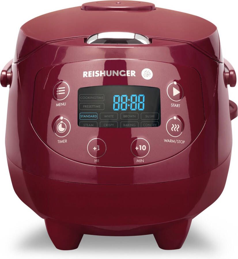 Reishunger Digitale Mini Rijstkoker in Donkerrood Multicooker met 8 programma's stoominzet premium binnenpan timer en warmhoudfunctie Rijst voor maximaal 3 personen