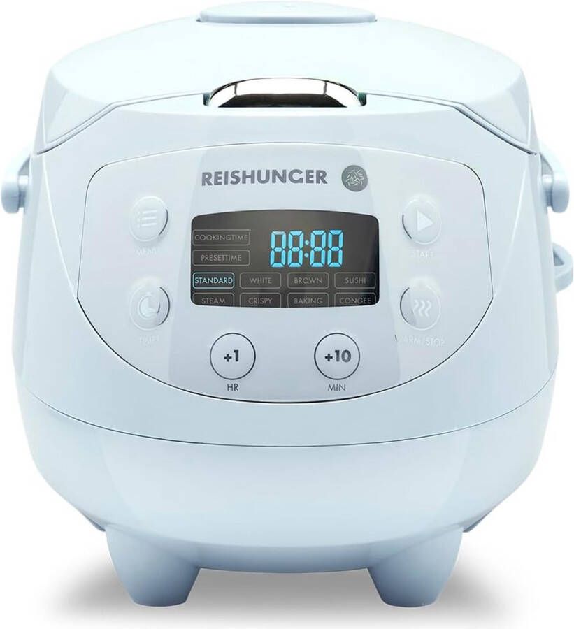Reishunger Digitale Mini Rijstkoker in lichtblauw Multicooker met 8 programma's stoominzet premium binnenpan timer en warmhoudfunctie Rijst voor maximaal 3 personen