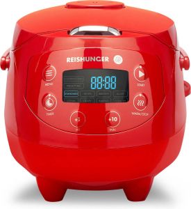 Reishunger Digitale Mini Rijstkoker in Rood Multicooker met 8 programma's stoominzet premium binnenpan timer en warmhoudfunctie Rijst voor maximaal 3 personen
