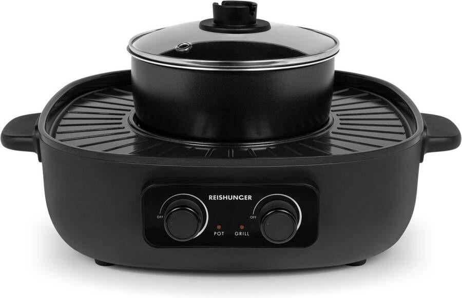 Reishunger Elektrische Hot Pot met Grillfunctie – voor 2-4 personen – 2 liter inhoud – Hot Pot met deksel – voor Koreaanse BBQ
