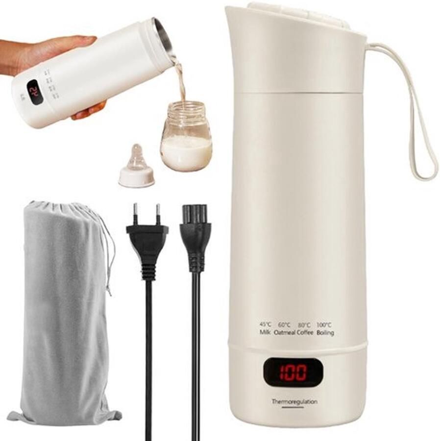 Reiswaterkoker 400 ml elektrische waterkoker met temperatuurregelaar draagbare reiswaterkoker 300 W snelkookfunctie met borstels en zakken voor thee koffie babymelk