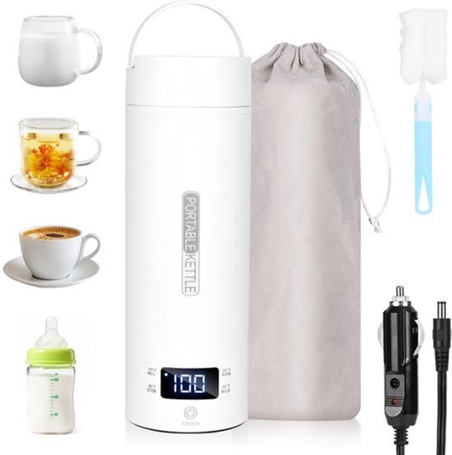 Reiswaterkoker 450 ml mini-waterkoker 96 W klein van roestvrij staal autowaterkoker verwarming voor onderweg automatische uitschakeling voor thee koffie babymelk auto (wit)