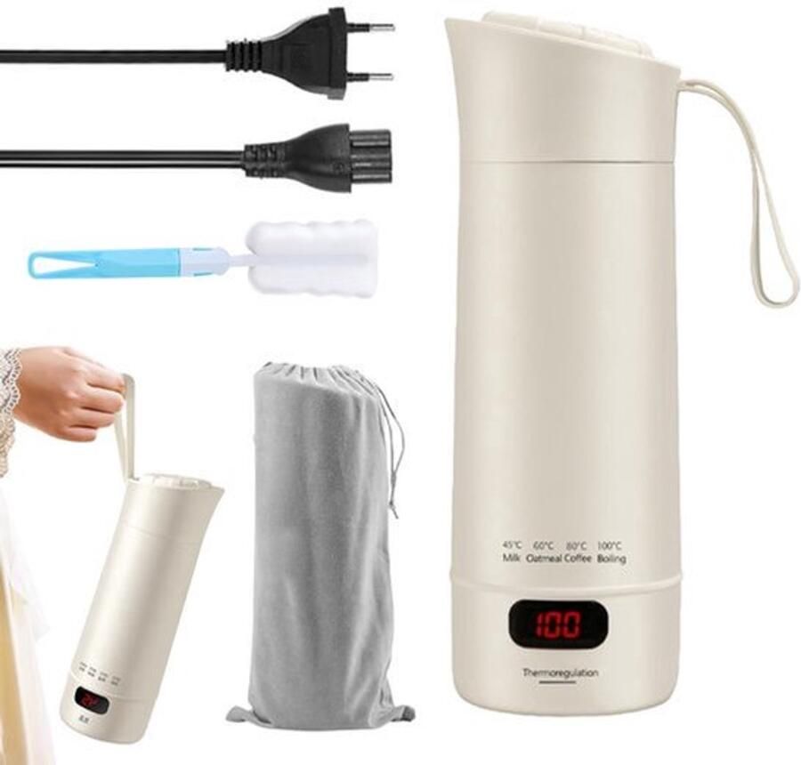 Reiswaterkoker klein 400 ml mini-draagbare elektrische waterkoker reiswaterkoker met 4 instelbare temperatuurniveaus voor thee koffie babymelk auto wit
