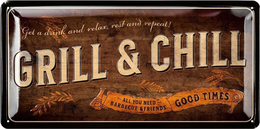 Retro Metalen Grillplaat Grill & Chill Decoratie voor Tuin en Tuinfeest