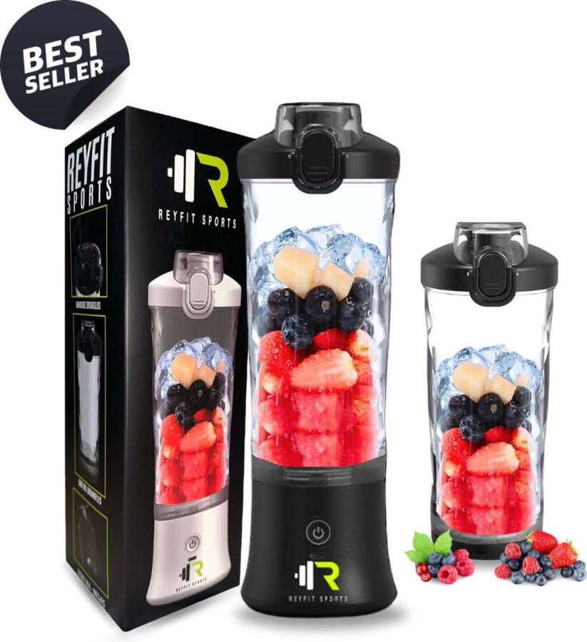 ReyFit Sports Draagbare Blender 600ML Smoothie Maker Ijsbreker Blender to go Portable Blender Draadloos USB Oplaadbaar 280W Zwart