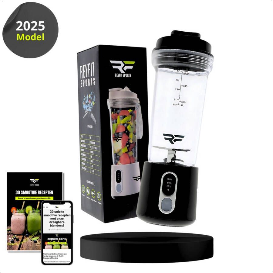 ReyFit Sports Draagbare Blender R5 500ML 500 WATT Ijscrusher Blender To Go Portable Blender Smoothie maker Protein Shaker Draadloos Zwart Valentijn