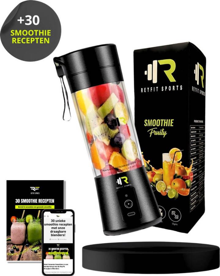 ReyFit Sports Draagbare Blender R5 500ML 500 WATT Ijscrusher Blender To Go Portable Blender Smoothie maker Protein Shaker Draadloos Zwart Valentijn