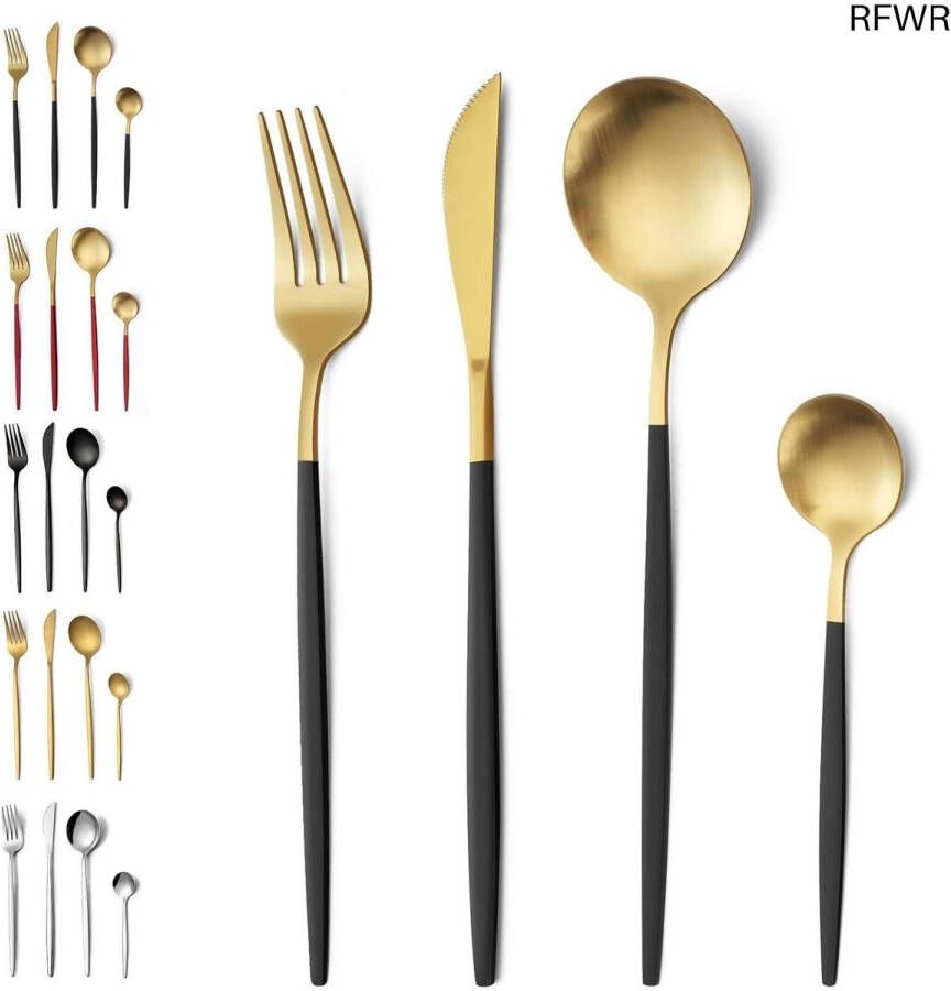 RFWR 24-delige roestvrijstalen bestekset voor 6 personen zwart goud mat vaatwasserbestendig