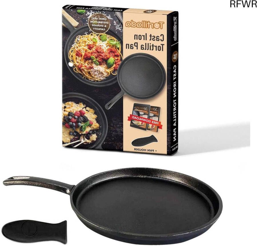 RFWR 26cm Voorgekruide Gietijzeren Grillplaat met Hittebestendig Handvat en Receptenboek