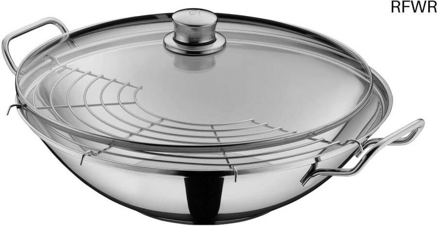 RFWR 3-delige Wok Set 36 cm met Glazen Deksel en Tempura Rek Vaatwasser- en Ovenbestendig Geschikt voor Inductie