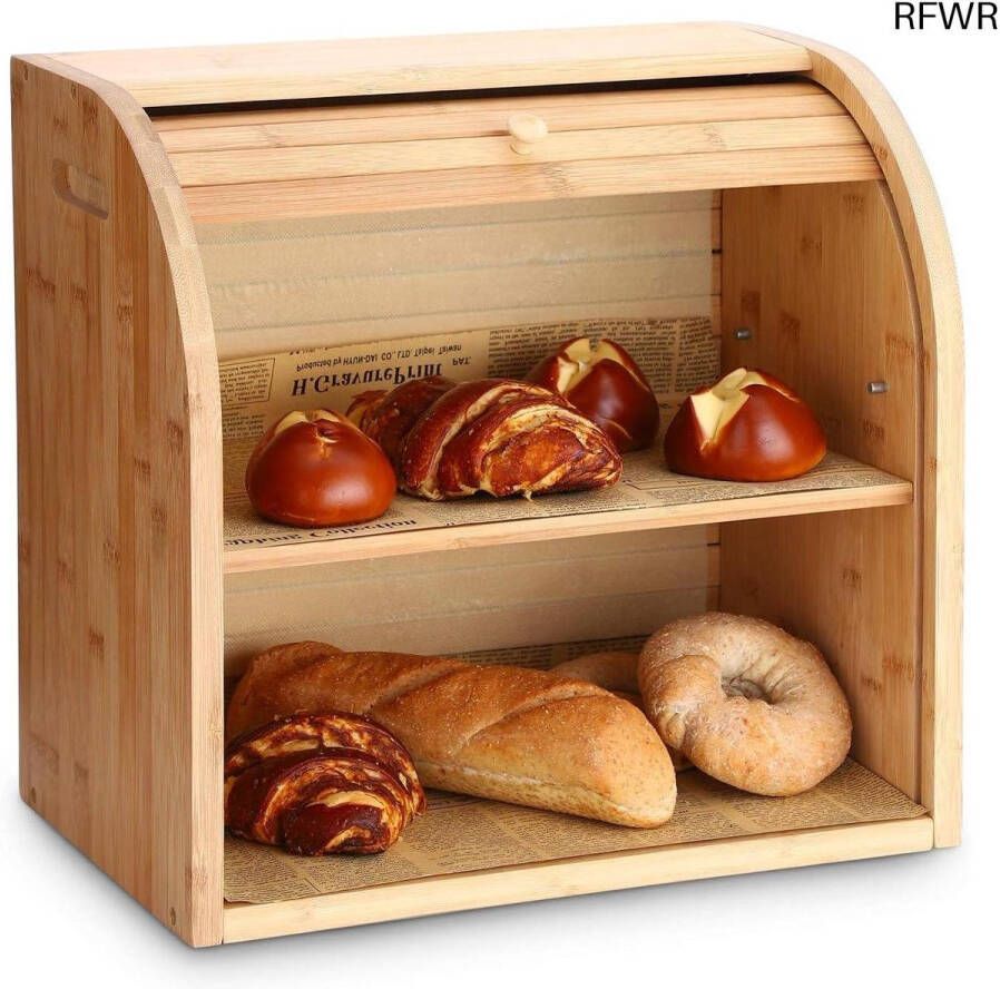 RFWR Bamboe Broodkastje met Roldeksel en 2 Vakken Natuurlijke Houten Broodtrommel voor Duurzaam Gebruik