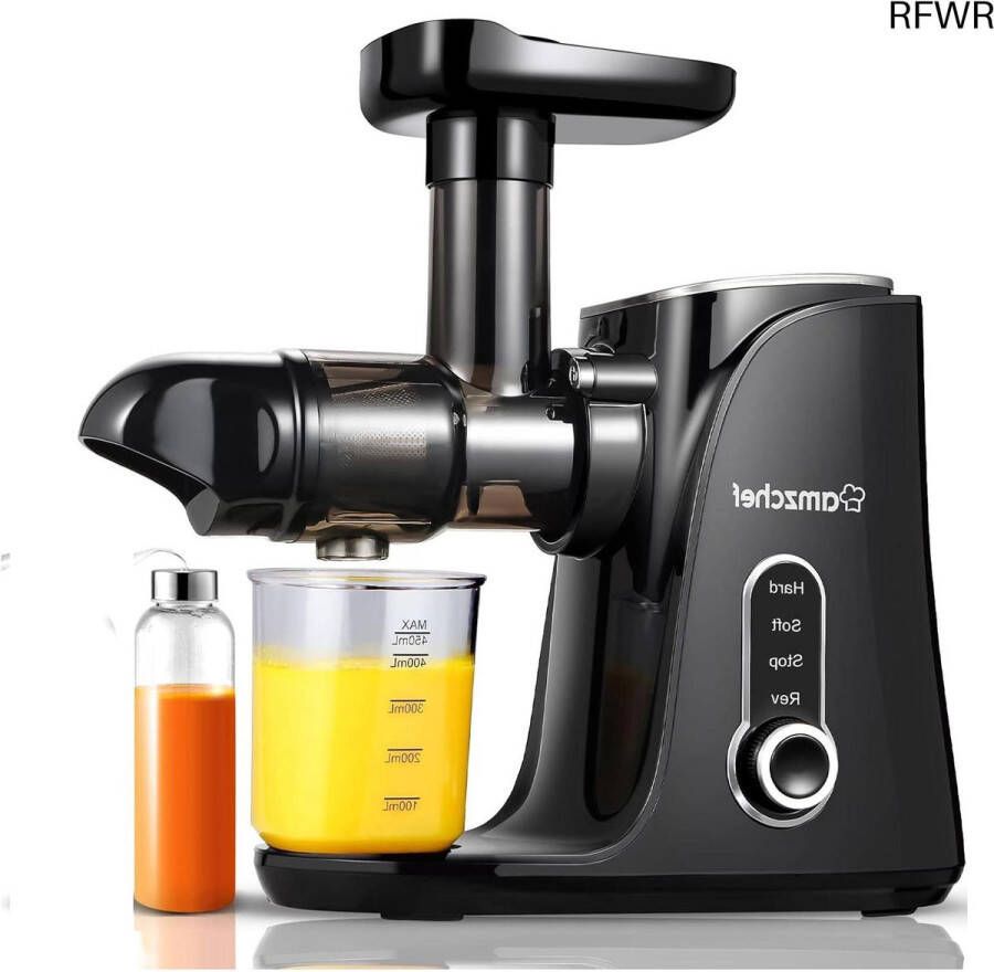 RFWR Cold Press Slow Juicer met 2 Snelheden Zacht en Hard Inclusief Draagbare Fles en Bekers Zwart