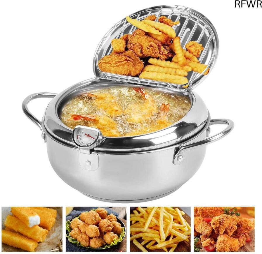 RFWR Frituurpan Japanse stijl met thermometer en deksel 20 cm roestvrij staal voor friet en garnalen