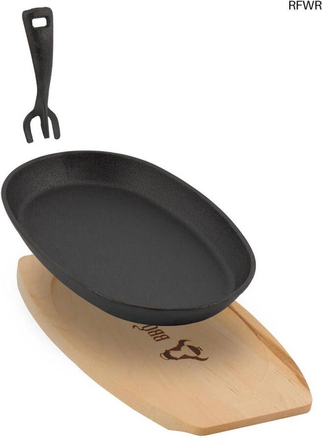 RFWR Gietijzeren Serveerpannetje met Houten Onderzetter Ovaal Grillpan Voor Bakken en Grillen