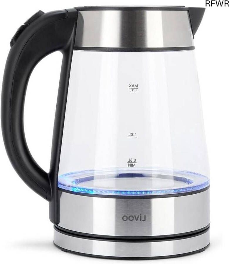 RFWR Glazen Waterkoker van Roestvrij Staal en Borosilicaatglas met 1 7L Capaciteit en Blauw Verlichtingsysteem