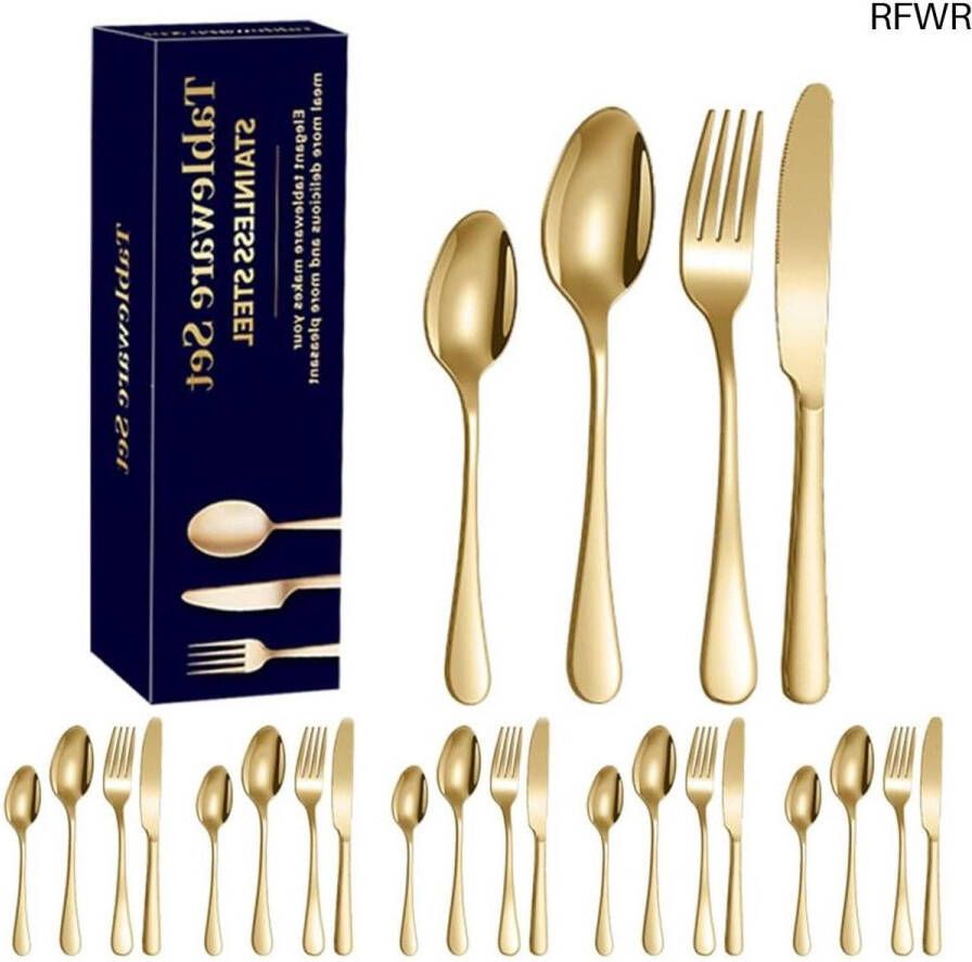 RFWR Gouden Bestekset voor 6 Personen 24 Delig Bestek in Modern Design Geschikt voor Thuis Restaurant Feest en Bruiloft
