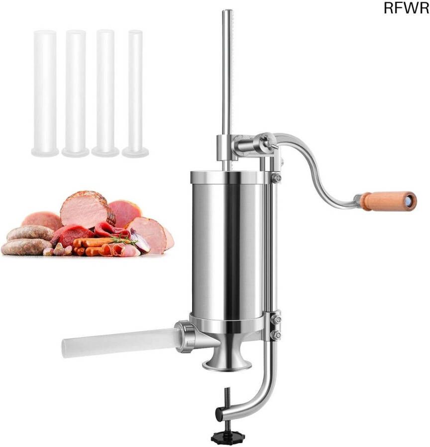RFWR Handmatige Worstvuller van Roestvrij Staal met 4 Vulbuizen en Bevestigingsclip
