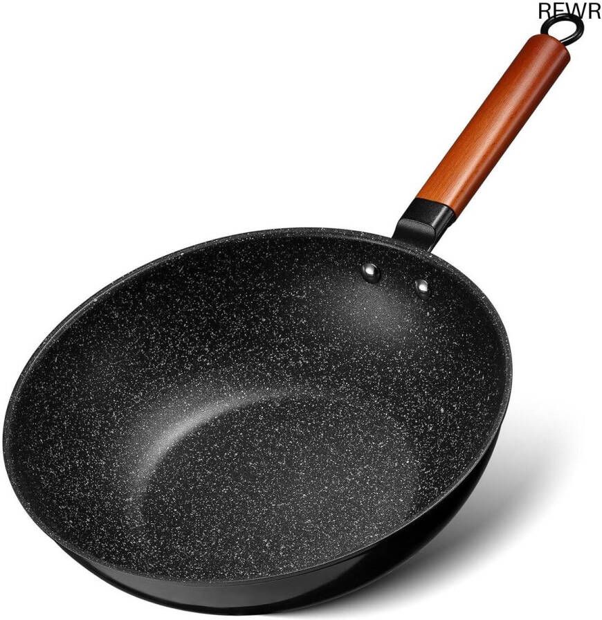 RFWR Inductie Wok Pan 30cm Antikleef Roerbakwok met Houten Handvat Geschikt voor Alle Kookplaten
