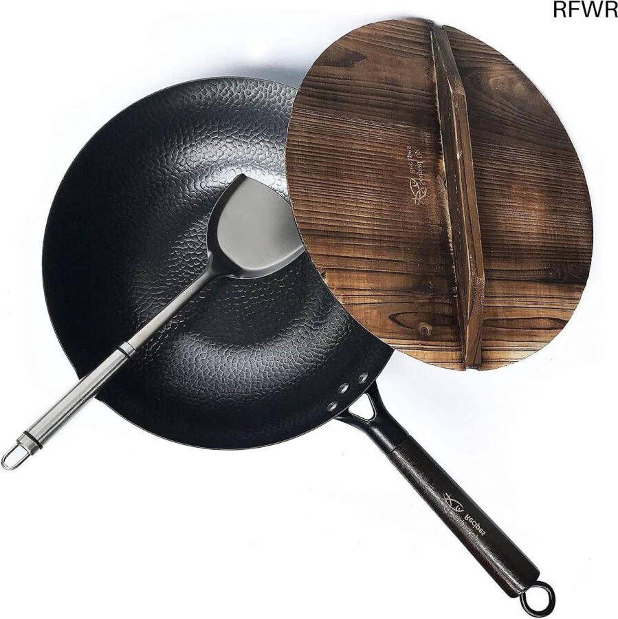 RFWR Koolstofstalen Wok voor Inductie Gas en Elektrische Fornuizen Inclusief Deksels en Spatel
