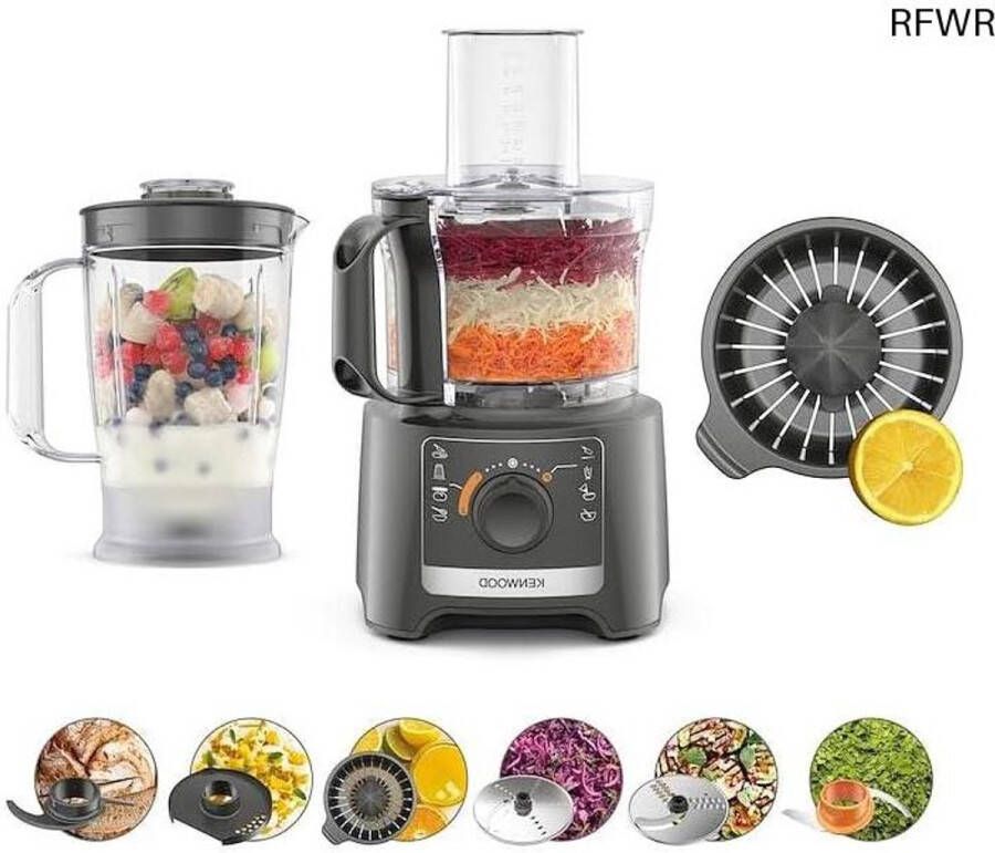 RFWR Multifunctionele Keukenmachine met Snijmes en Mixfunctie 800W 2 1L Kom Citruspers 3 Snelheden Stijlvol Grijs
