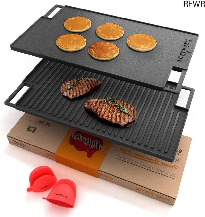 RFWR Omkeerbare Grillplaat Gietijzeren Ribbel- en Vlakke Koekenpan voor Gas Elektrische en Keramische Fornuizen