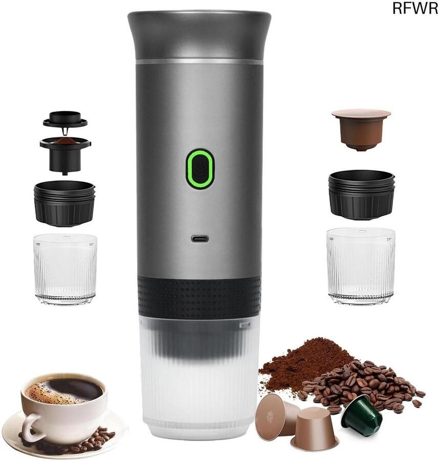 RFWR Draagbare 3-in-1 Koffiezetapparaat voor Capsules en Gemalen Koffie Ideaal voor Thuis Kantoor en Reizen